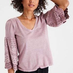 American Eagle Outfitters Mauve Eyelet Bell Sleeves Soft & Sexy Tee M